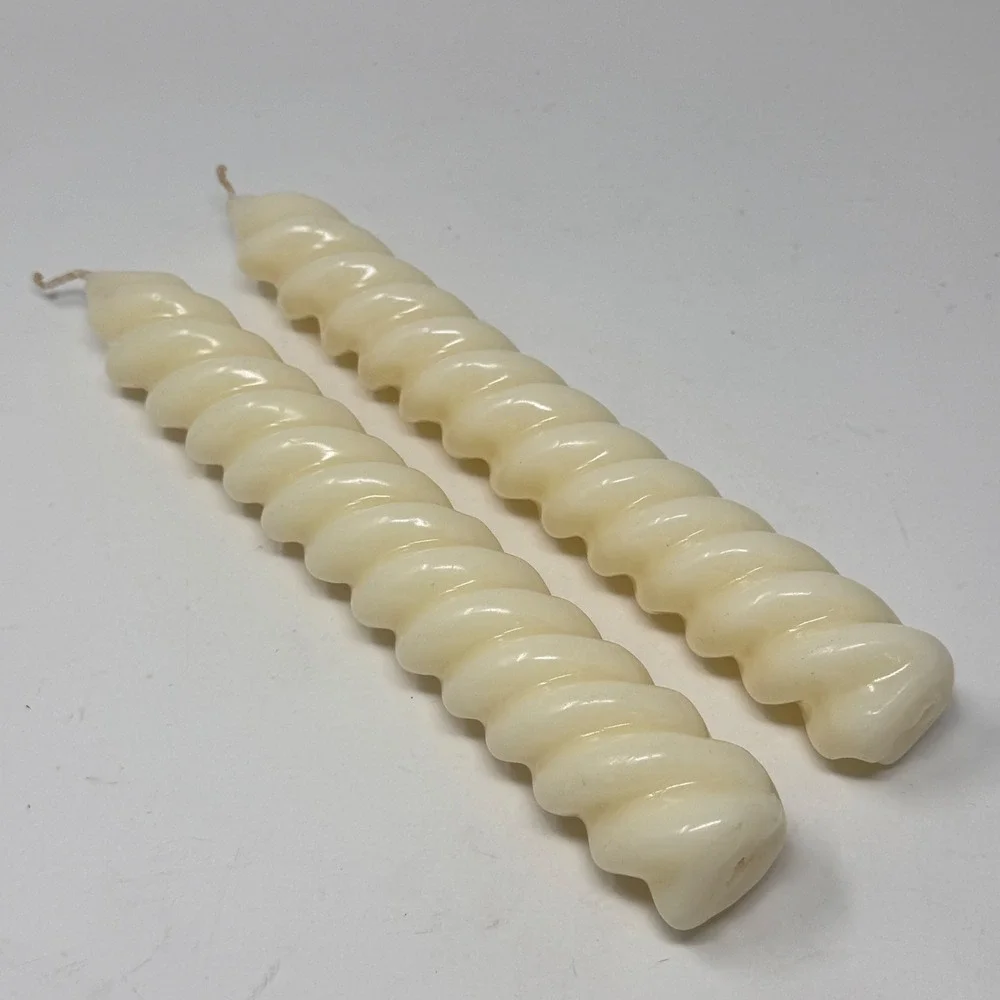 Vintage Oversized Ivory Spiral Candles Pair Twisted Barley Twist